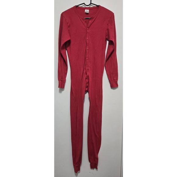 Vintage Indera One Piece Men's XL Red Button Butt Flap Longjohns 100% Cotton - Picture 1 of 11
